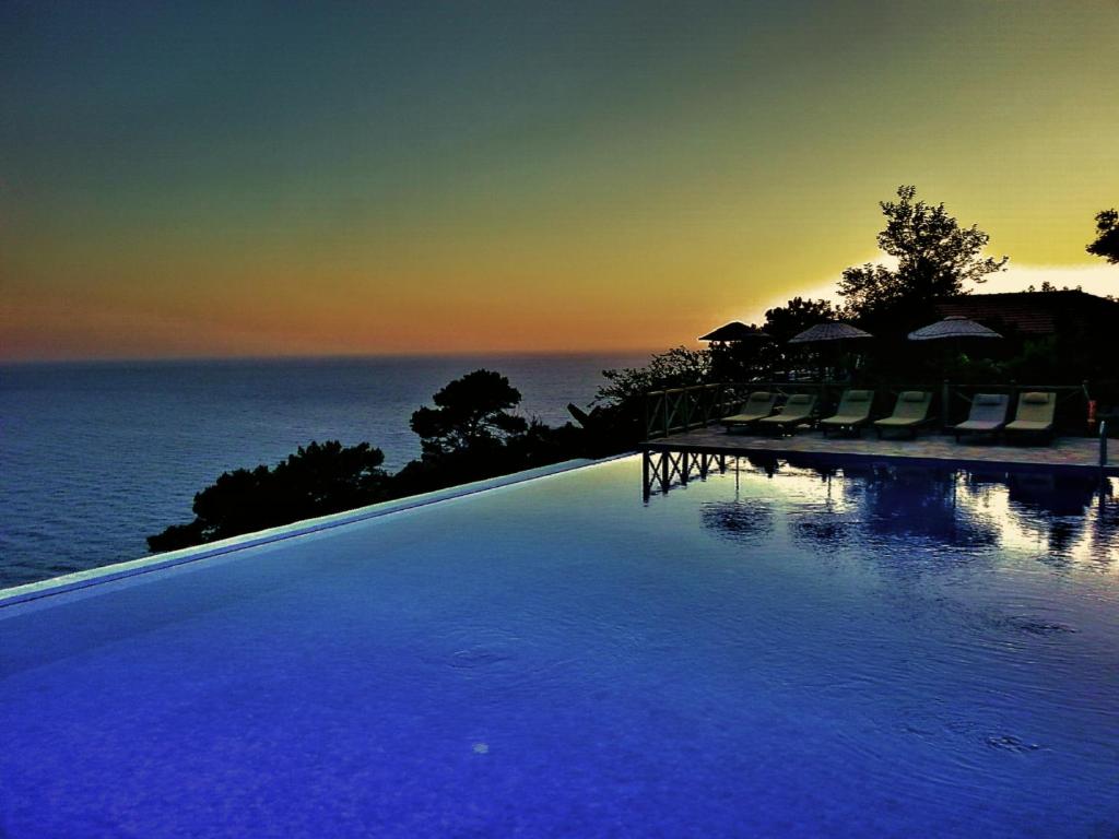 法拉尔雅橄榄园卡巴克酒店的一个大型的游泳池,背景是大海