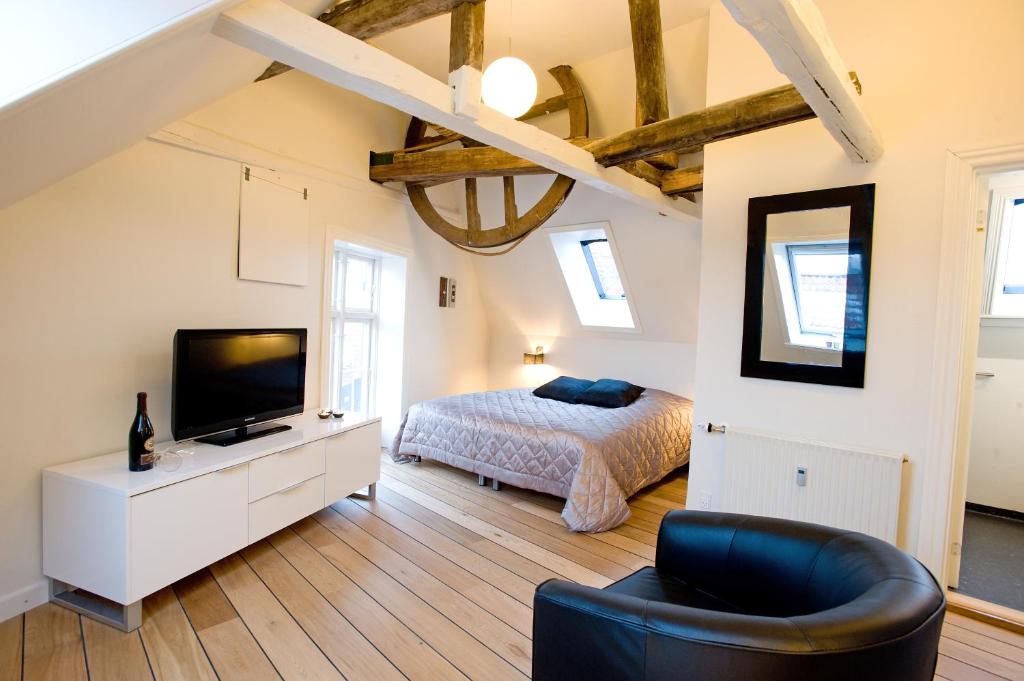 里伯登加姆勒考曼茨咖住宿加早餐旅馆的一间卧室配有一张床、一台电视和一张沙发