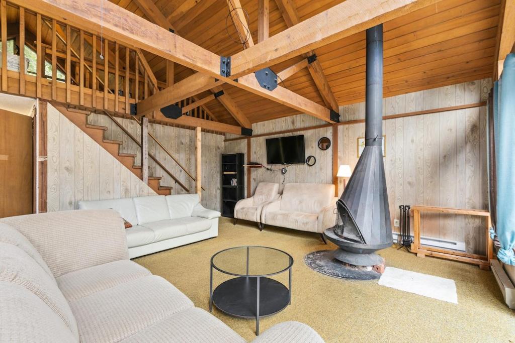 阿什福德Chalet at Rainier Lodge (0.4 miles from the entrance)的带沙发和壁炉的客厅