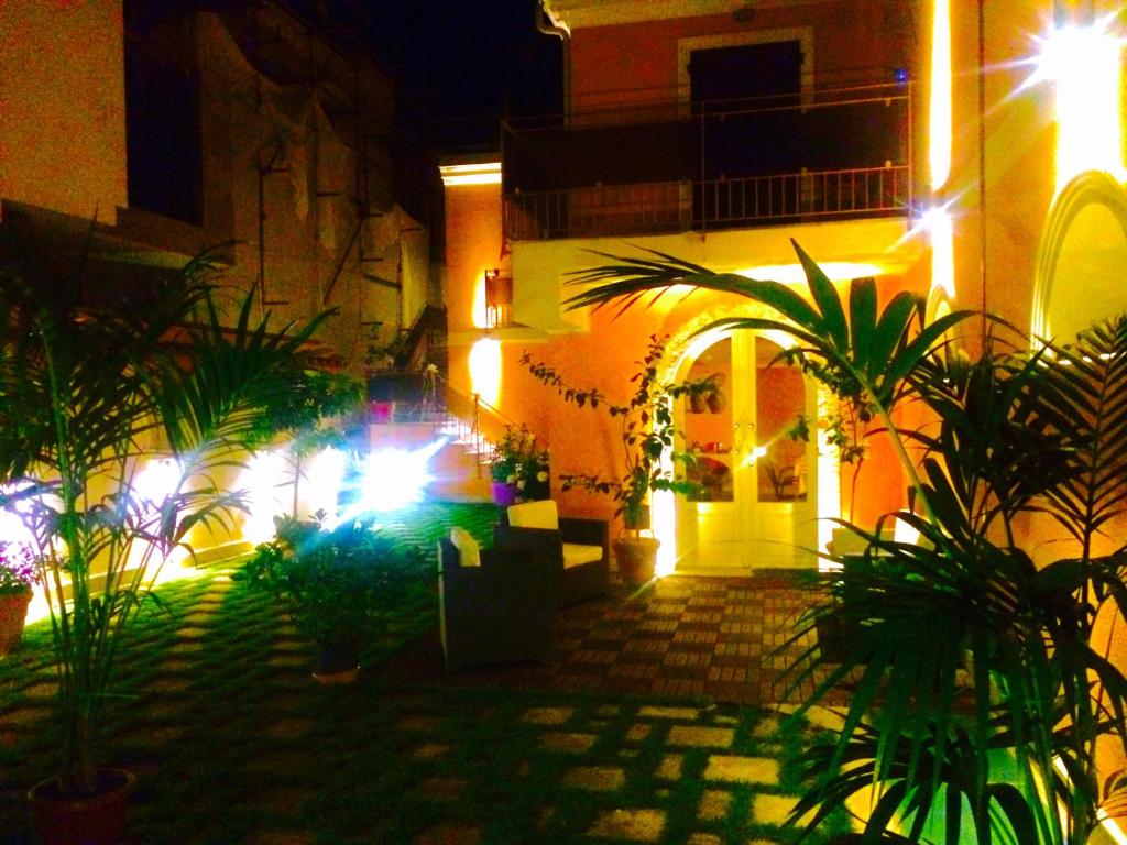 阿尔伊泰尔梅普林西比住宿加早餐酒店的一座庭院,在晚上在一座建筑前种有植物