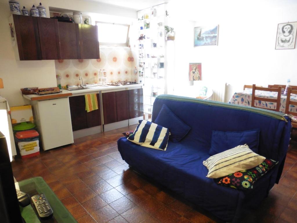 San Piero in CampoCasa Vacanza San Piero的客厅设有蓝色沙发,厨房设有