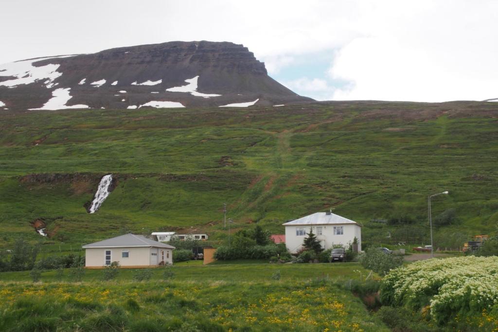 Granastaðir格兰艾斯陶住宿加早餐旅馆的一片有房子的田野和山地