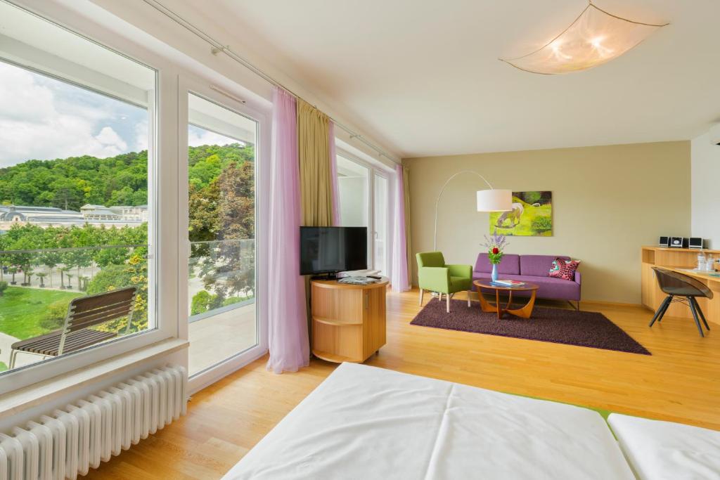 巴登公园酒店的一间卧室设有一张床和一个大窗户