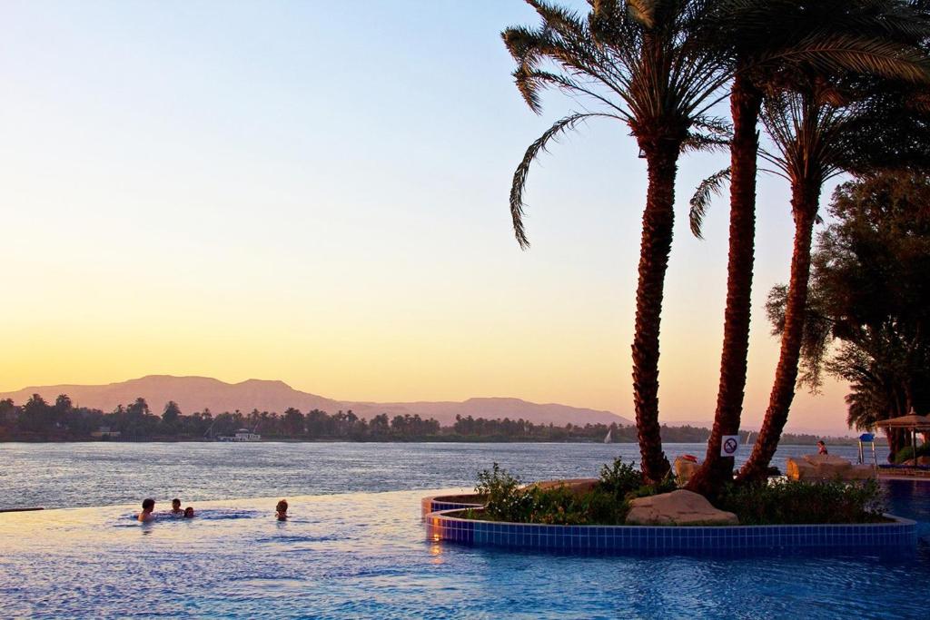 卢克索Jolie Ville Hotel & Spa Kings Island Luxor的一座种有棕榈树和水中人气的游泳池