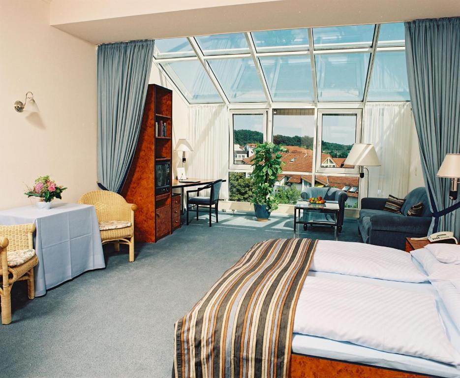 腓特烈斯多夫阿卡迪亚酒店的一间卧室设有一张床和一个大窗户