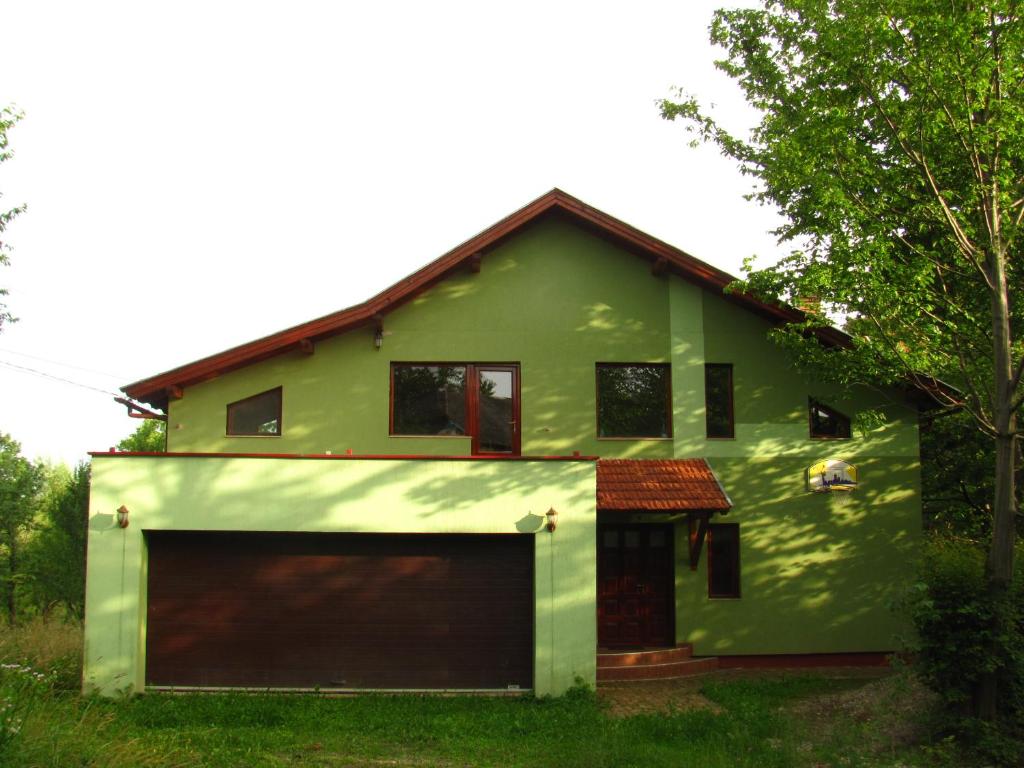 ŞişeştiCasa Roatis的绿色房子,设有大型车库