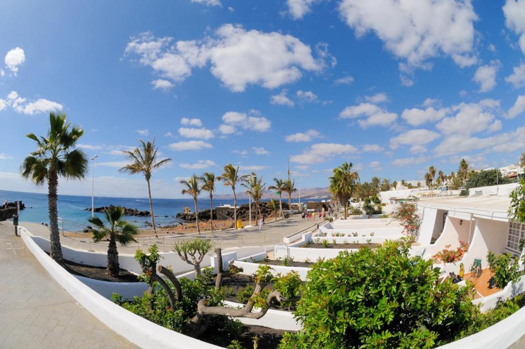 卡门港布兰卡斯简易别墅酒店的享有棕榈树海滩和大海的景色