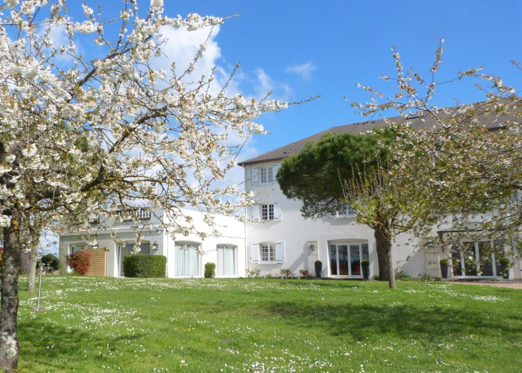 阿宰勒里多Logis Hôtel Restaurant des Châteaux的院子里有树木的白色房子