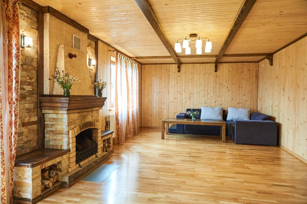 布克维Panskyi Kut的客厅设有壁炉和沙发。