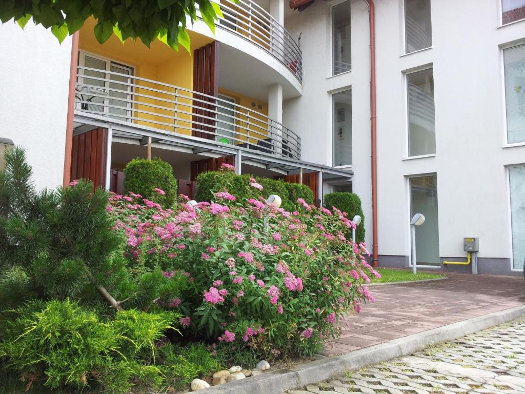摩拉瓦托普利采Apartment Kanita的前面有粉红色花的建筑