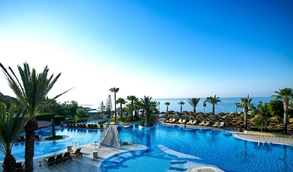 利马索尔四季酒店 的一座棕榈树和海洋的大型游泳池