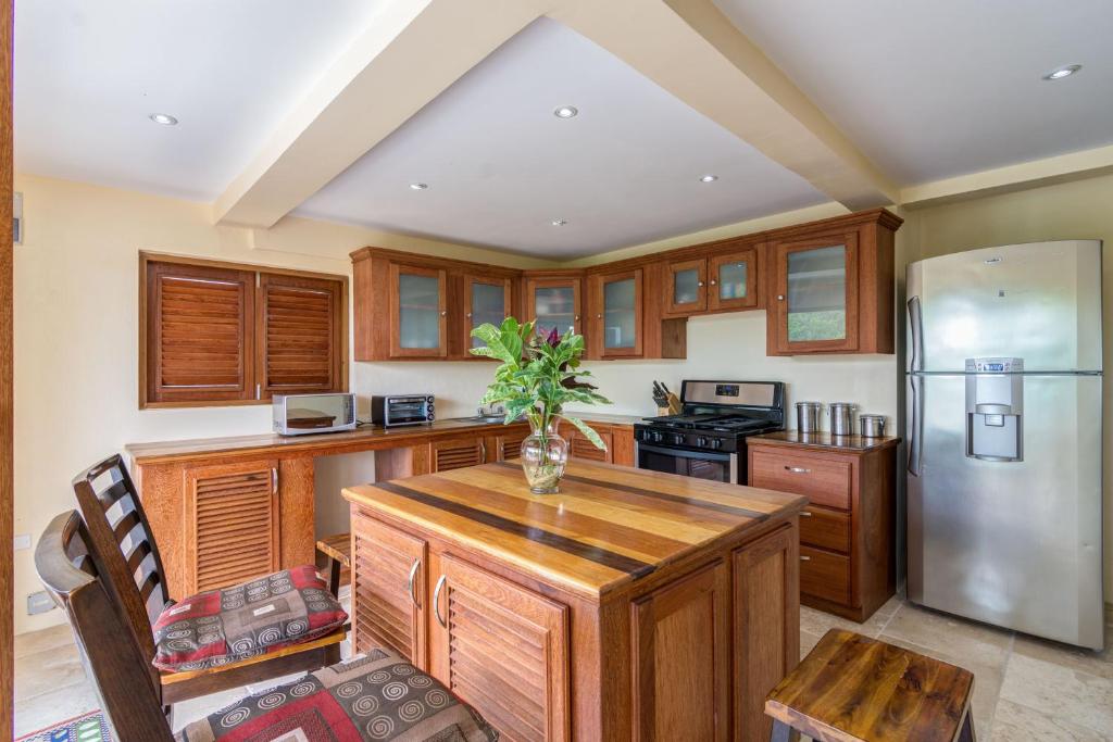 Port ElizabethSandrati Villa的厨房配有木制橱柜和不锈钢冰箱。