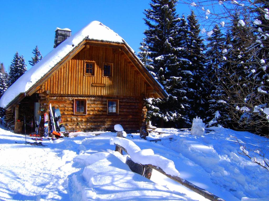 巴特圣莱昂哈德艾比斯克夫乌特恩木屋的雪地里的小木屋,有雪覆盖的树木