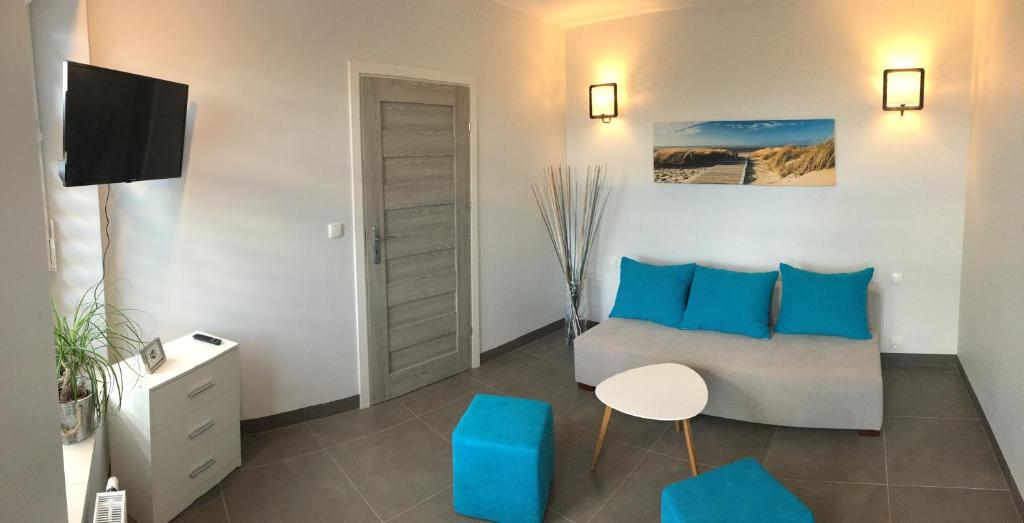 格丁尼亚Panorama Gdynia Rooms的客厅配有沙发和蓝色枕头。