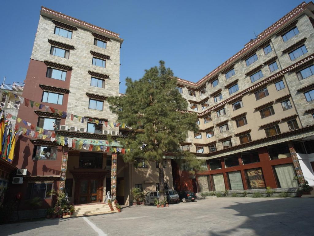 加德满都西藏国际酒店的前面有一棵树的大建筑