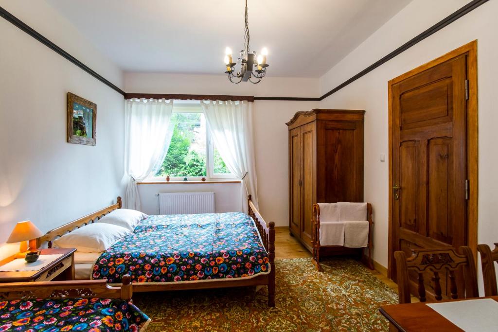 扎科帕内Willa Żbikówka的一间卧室配有一张床、一张书桌和一个窗户。