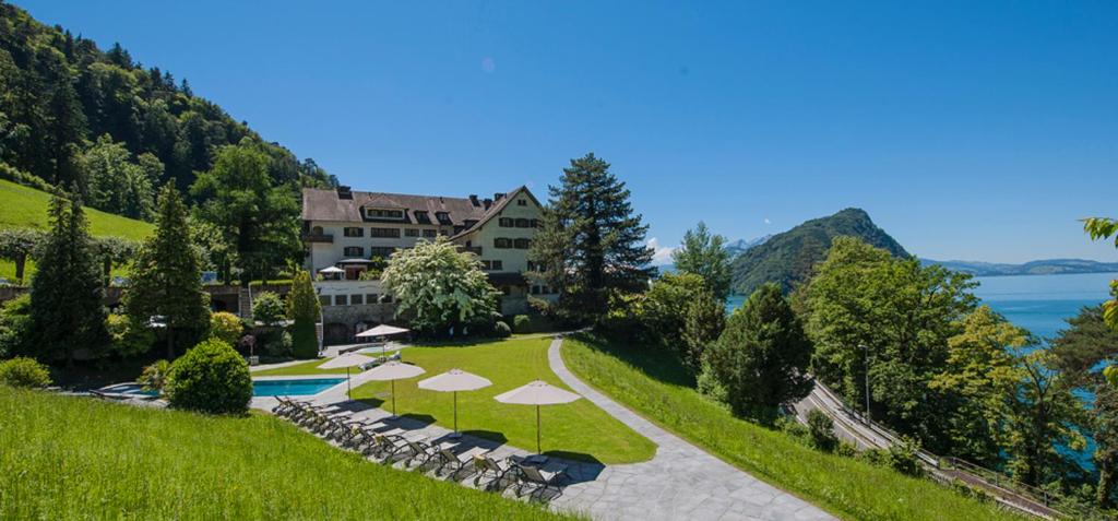 菲茨瑙菲茨瑙阿尔卑斯植被湖泊与研讨会酒店的享有带游泳池的度假村的空中景致