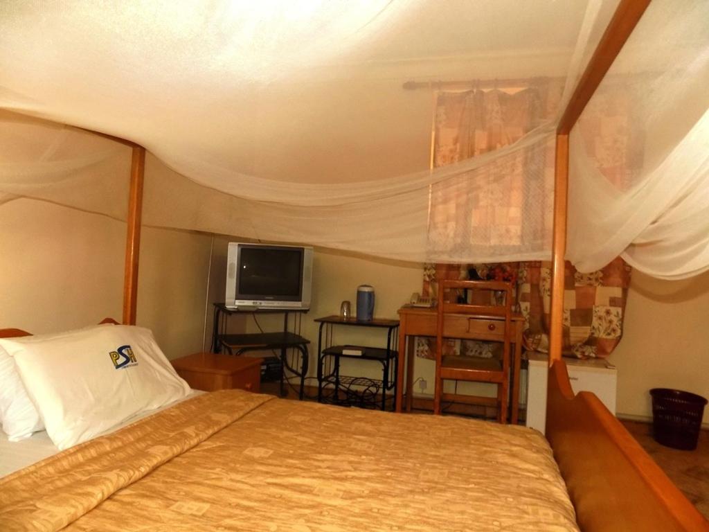 MasakaPalm Springs Hotel Masaka的一间卧室配有一张床和电视