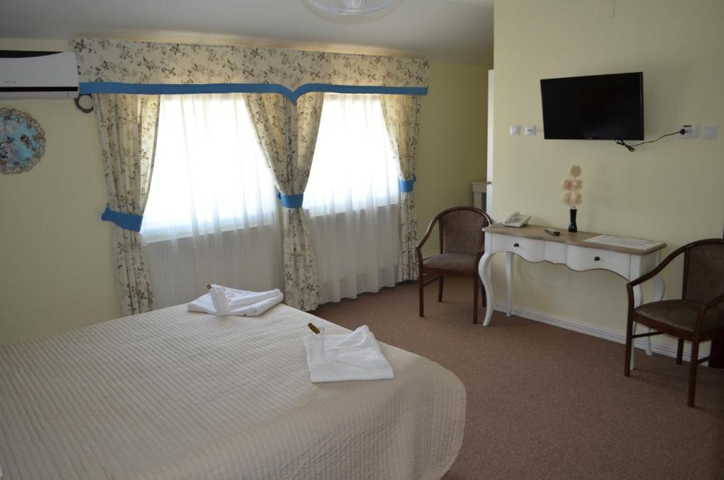 哈采格Vip Motel Restaurant的一间卧室配有一张床、一张书桌和一台电视