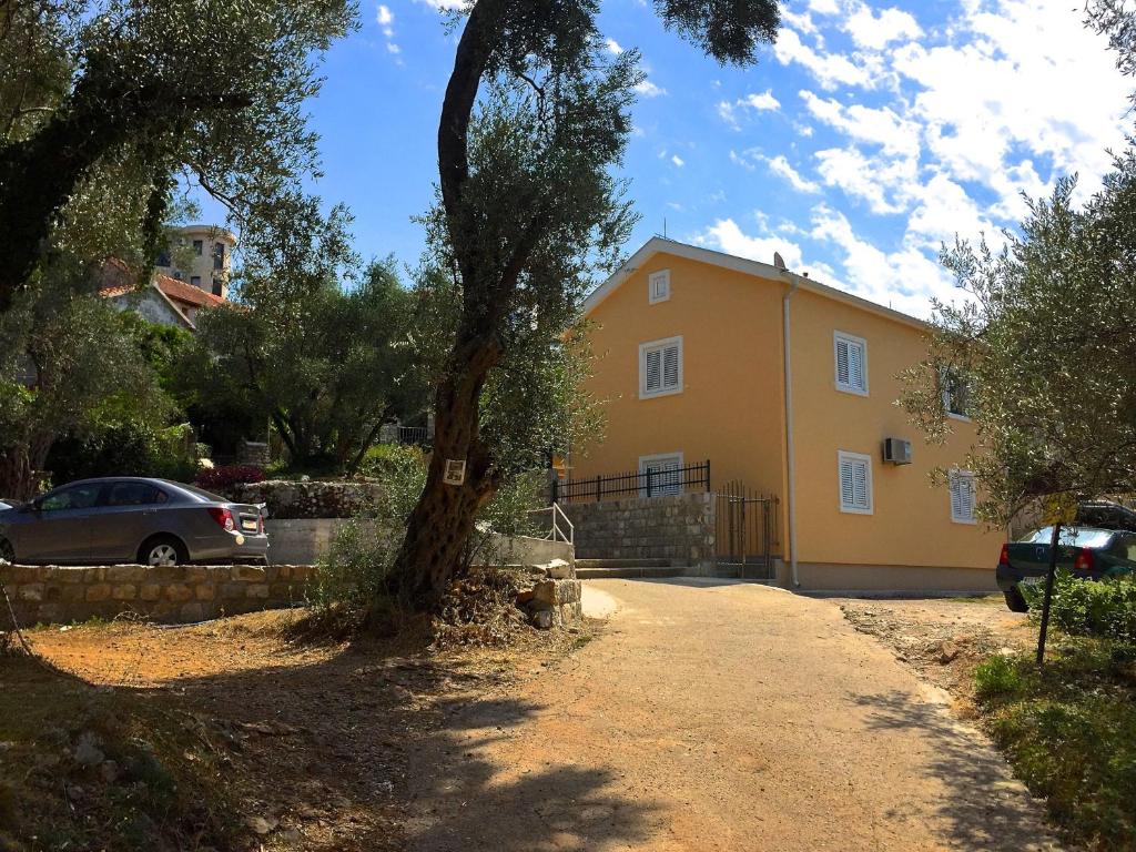 卢什蒂卡Žanjice Luxury Suite的前面有一棵树的黄色房子