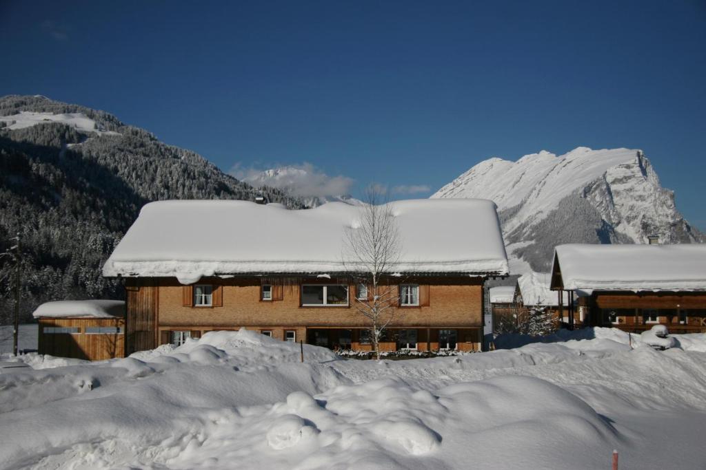 施科佩尔瑙Haus Schatz的一座被雪覆盖的建筑,背景是群山