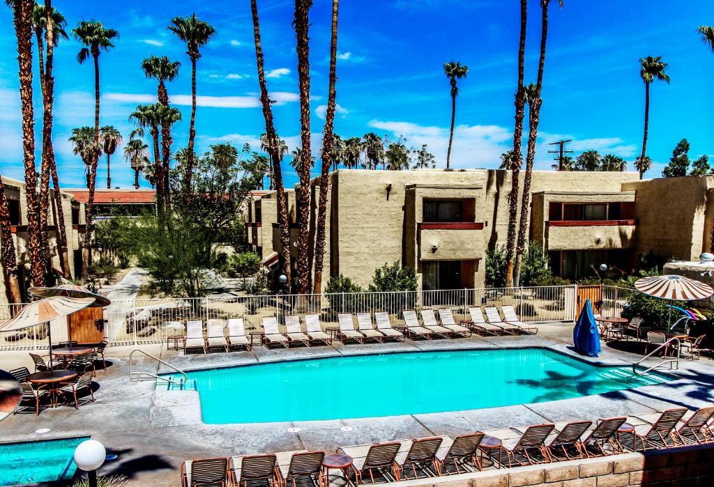 棕榈泉Desert Vacation Villas, a VRI resort的一个带椅子的游泳池以及一座棕榈树建筑