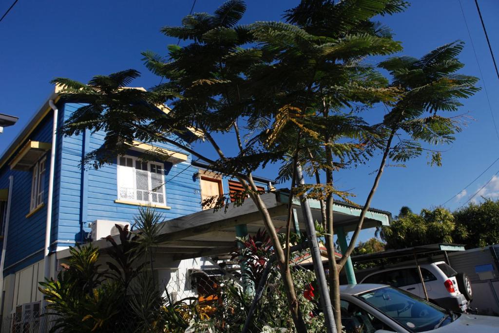 凯恩斯凯恩斯快乐旅游旅馆的前面有棕榈树的蓝色房子