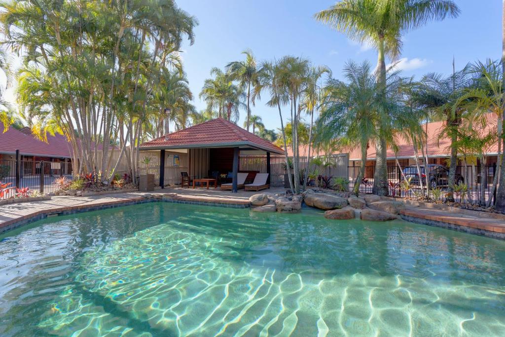 布里斯班布里斯班国际弗吉尼亚州酒店的一个带凉亭和棕榈树的大型游泳池