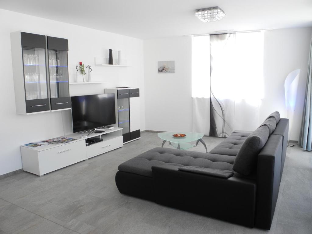 布里格布里格城市公寓的客厅配有黑色沙发和电视