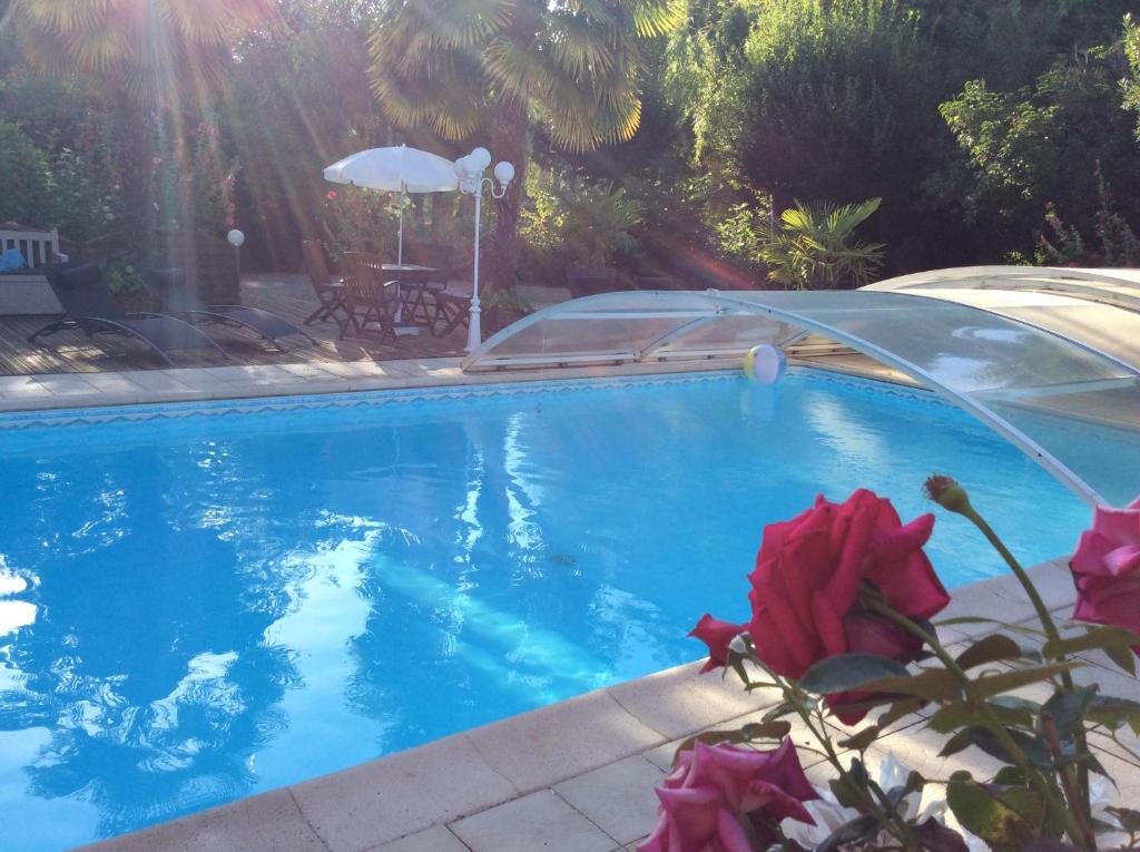 沙托鲁拉维尔酒店的一个带桌子和鲜花的蓝色游泳池