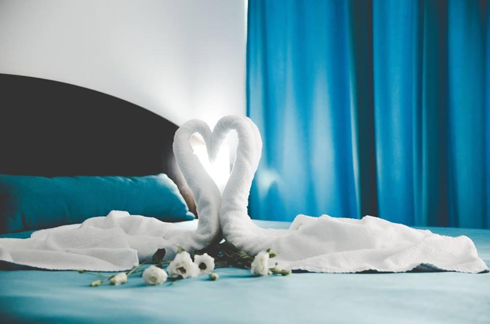 加布罗沃奥洛维茨酒店的两只白色天鹅坐在床上,带毛巾