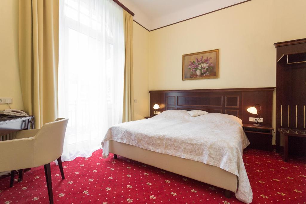 维也纳Hotel Viktoria Schönbrunn的一间卧室配有一张床、一张书桌和一个窗户。