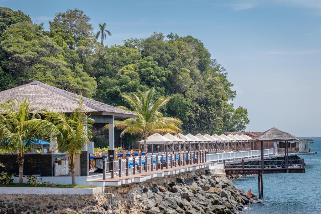 瑟古邦巴塔姆KTM假日酒店的棕榈树和码头的水上度假村