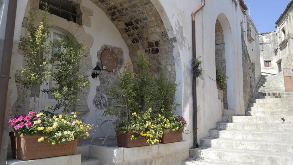 莫迪卡Casa MaFaCò的两株盆栽植物,位于一座带楼梯的建筑的一侧