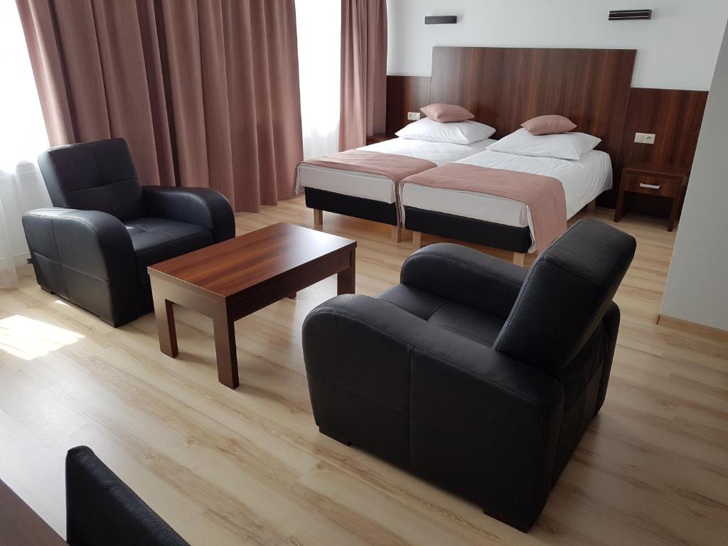 BrzeziePod Kominem Pokoje i Apartamenty的酒店客房带两张床、一张沙发和椅子。