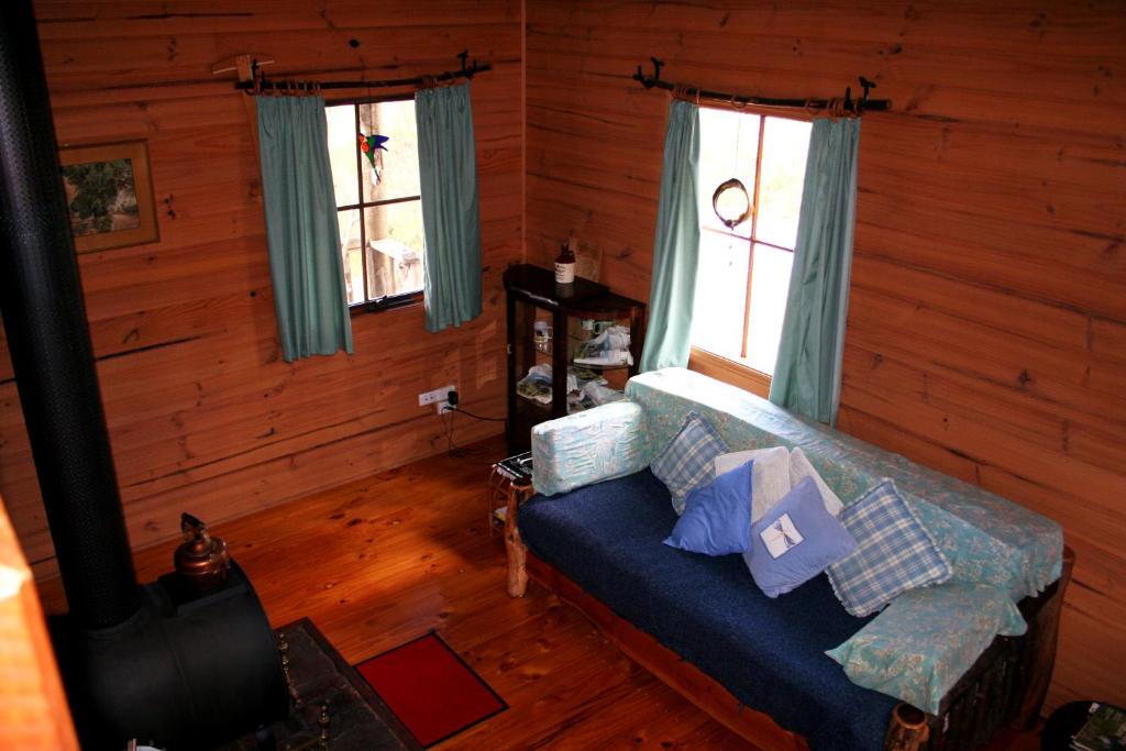 MoinaWombat Cabin的小屋内带蓝色沙发的客厅