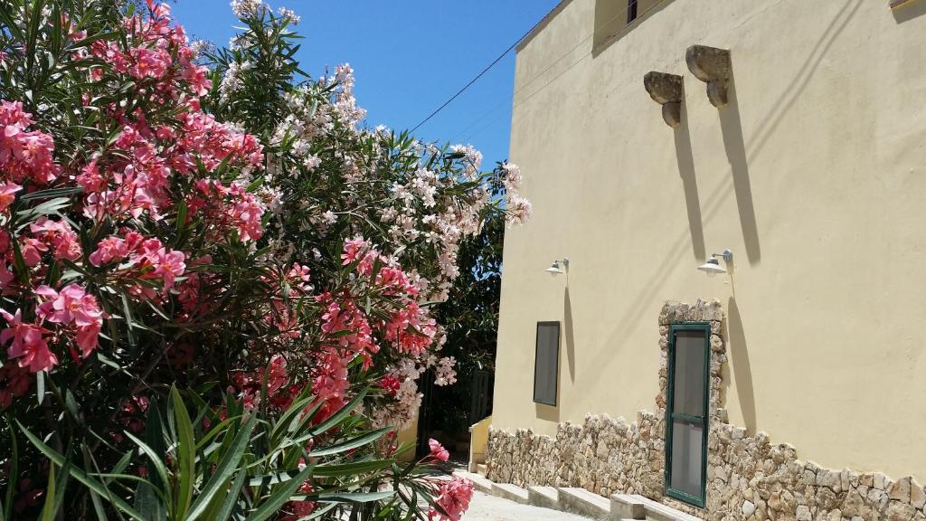 加利波利Agriturismo Tenuta La Siesta的墙上有粉红色花的建筑
