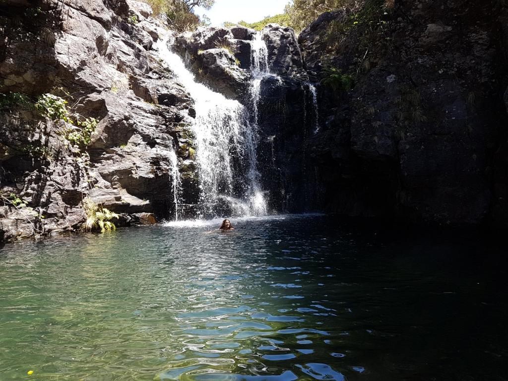 蓬塔杜帕戈Casa Franco的在瀑布前的游泳池游泳的人