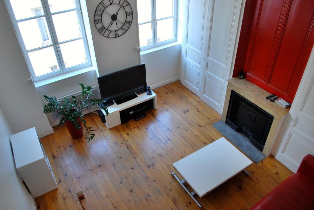 里昂本园公寓的享有带电视和壁炉的客厅的顶部景色。