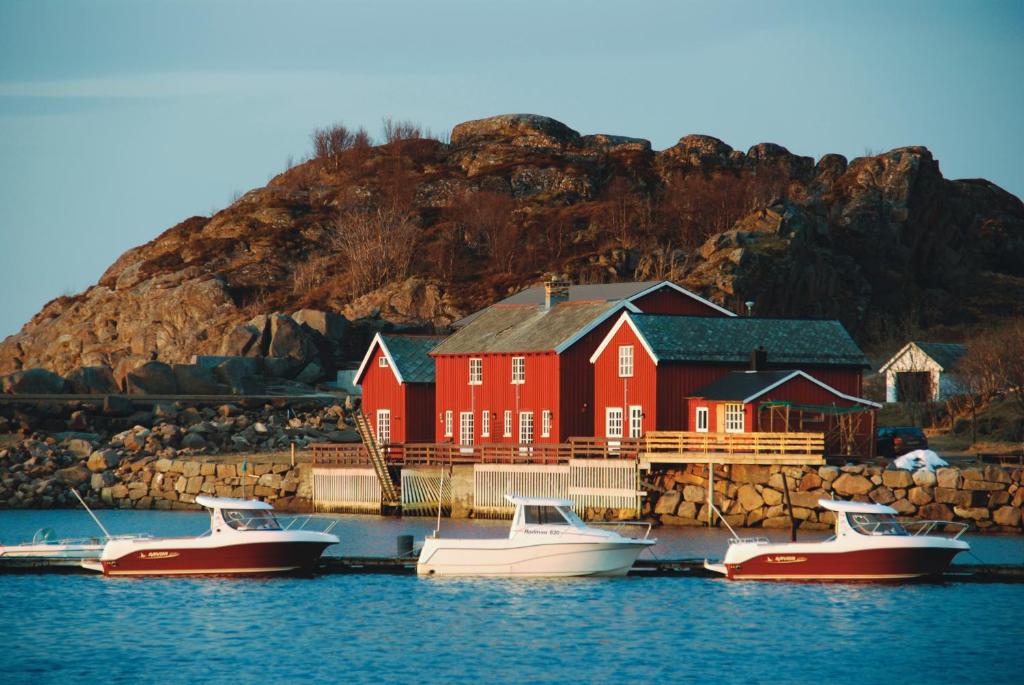 卡伯尔沃格Statsbuene i Kabelvåg的一群船停靠在一座红色房子前面