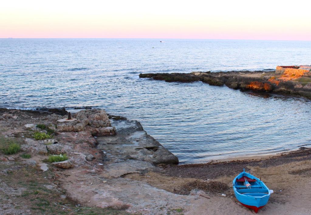 萨维勒特里Il Principe del mare B&B的一艘蓝色的船坐在海滩上靠近水面