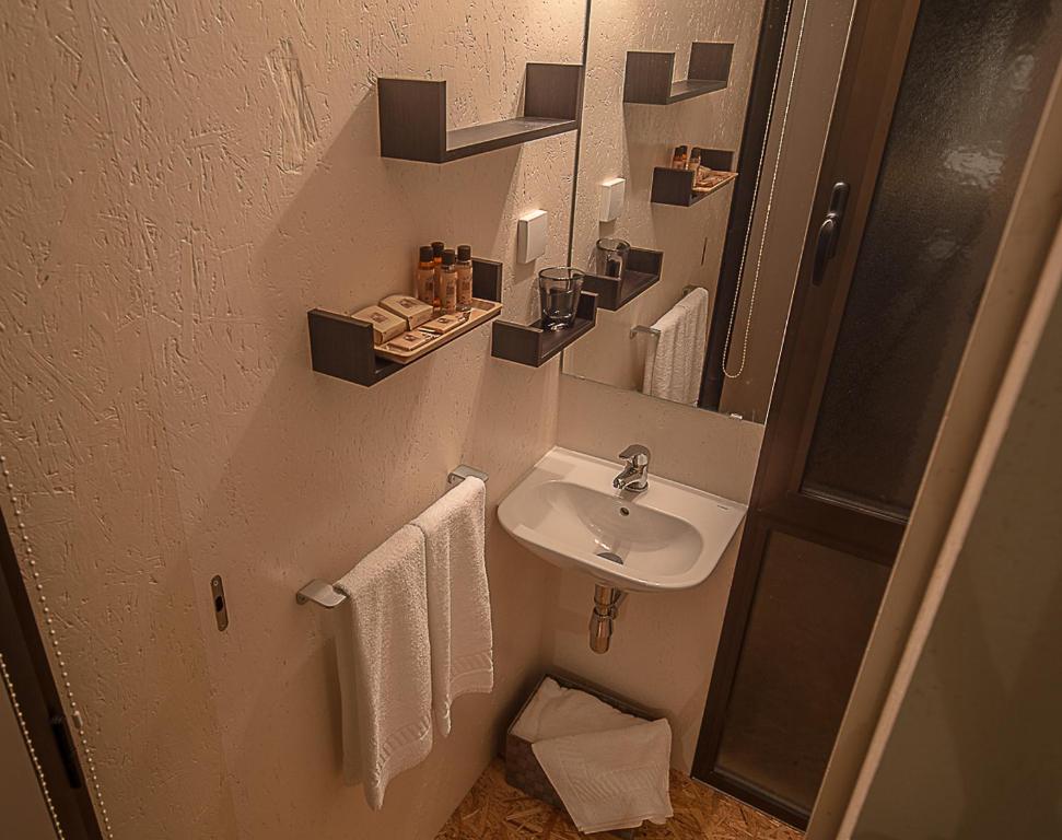 英雄港ALLuar Lodge的一间带水槽和镜子的小浴室