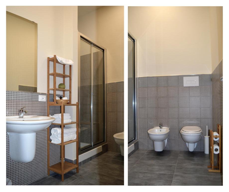 AssoroB&B Stazione Dittaino的浴室设有水槽和卫生间,两幅图片