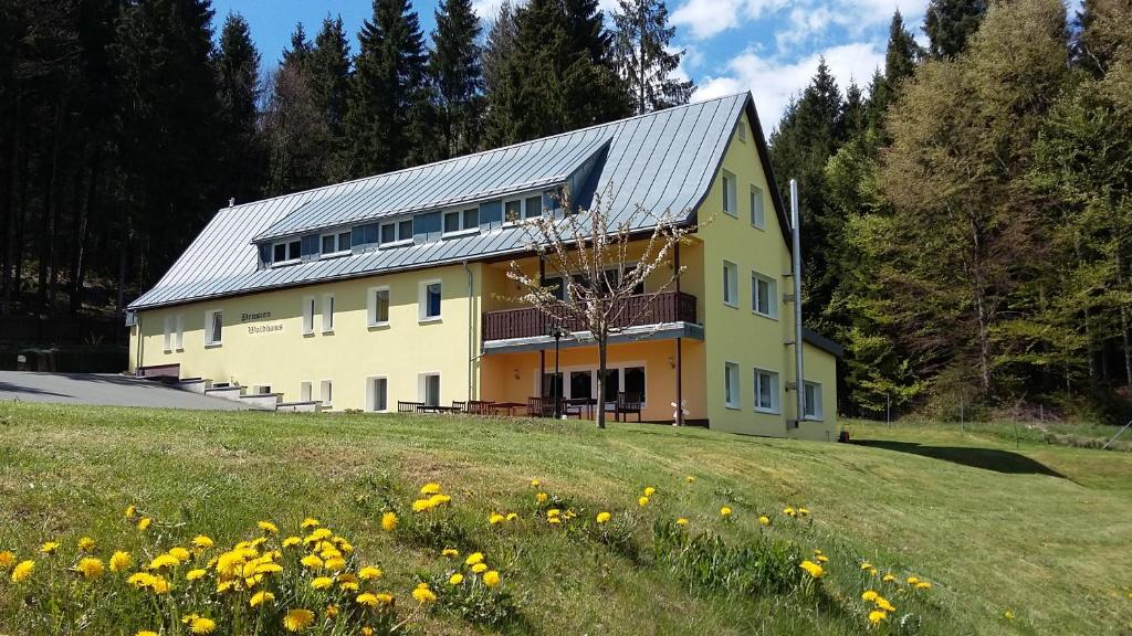 布赖滕布伦Pension Berghof的一座黄色的建筑,在山坡上,花田