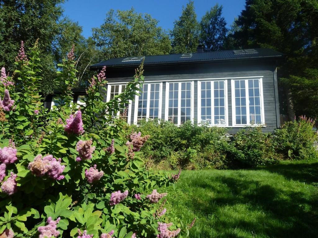 IsfjordenKlara House的窗户前种有粉红色花的花园