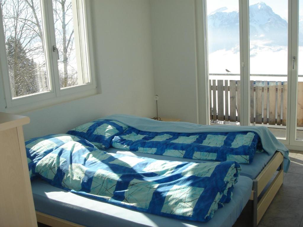 SeewenFerienwohnung Suter的一间卧室设有两张床和两个窗户。