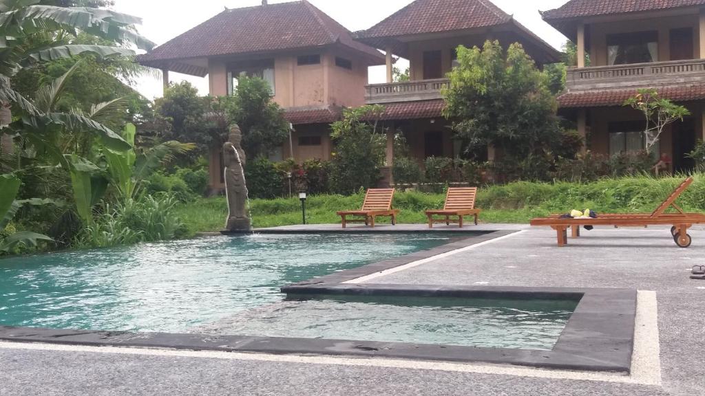 乌布阿尔加纳稻田简易别墅酒店的一座带两个长椅的建筑前的游泳池