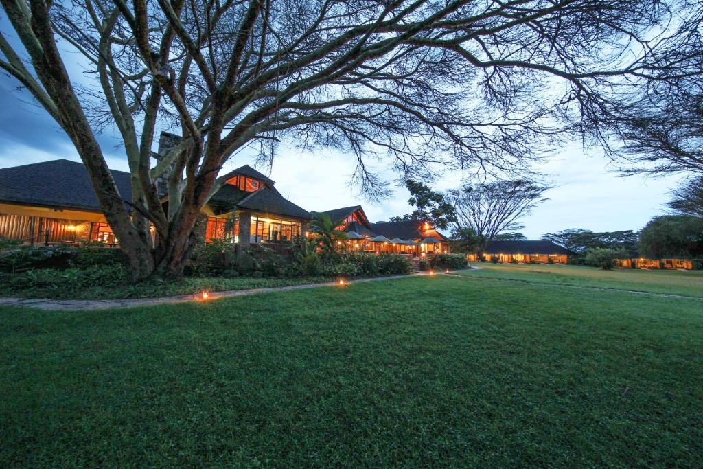 凯科罗克Muthu Keekorok Lodge, Maasai Mara, Narok的院子里有树和灯的房子