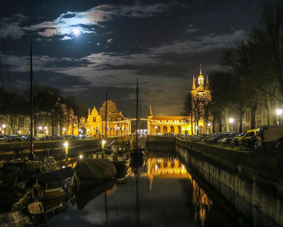 济里克泽De Oude Haven的钟楼在晚上点燃的城市