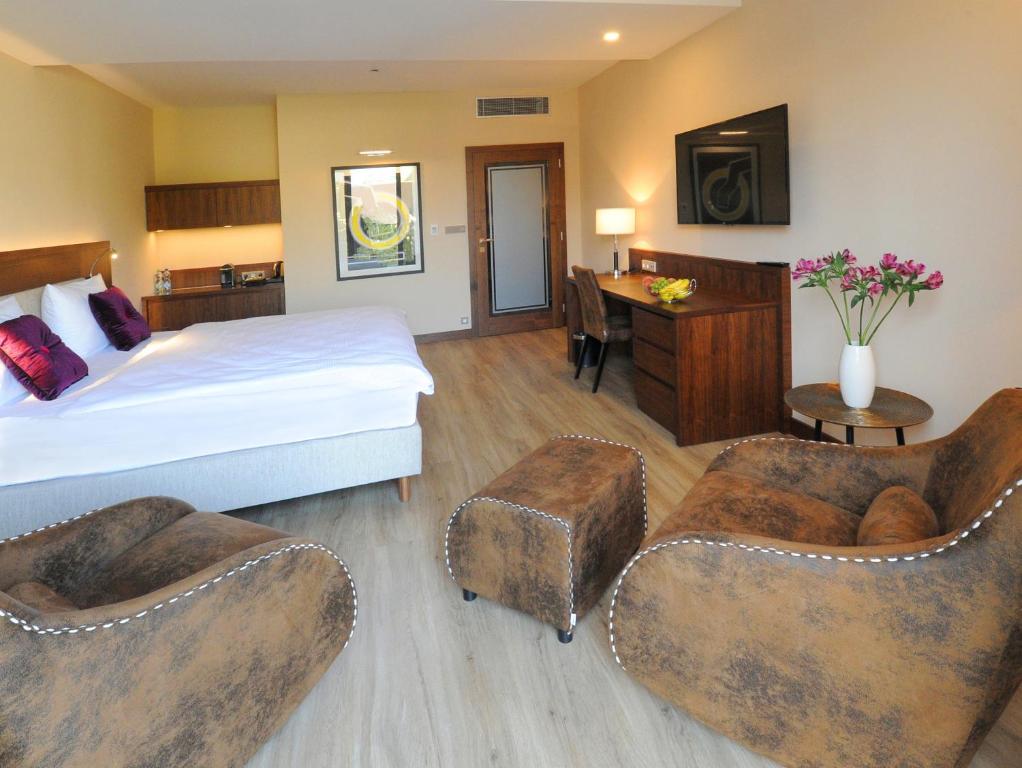 奥帕瓦Hotel Kramer的酒店客房配有一张床铺、两张椅子和一张书桌